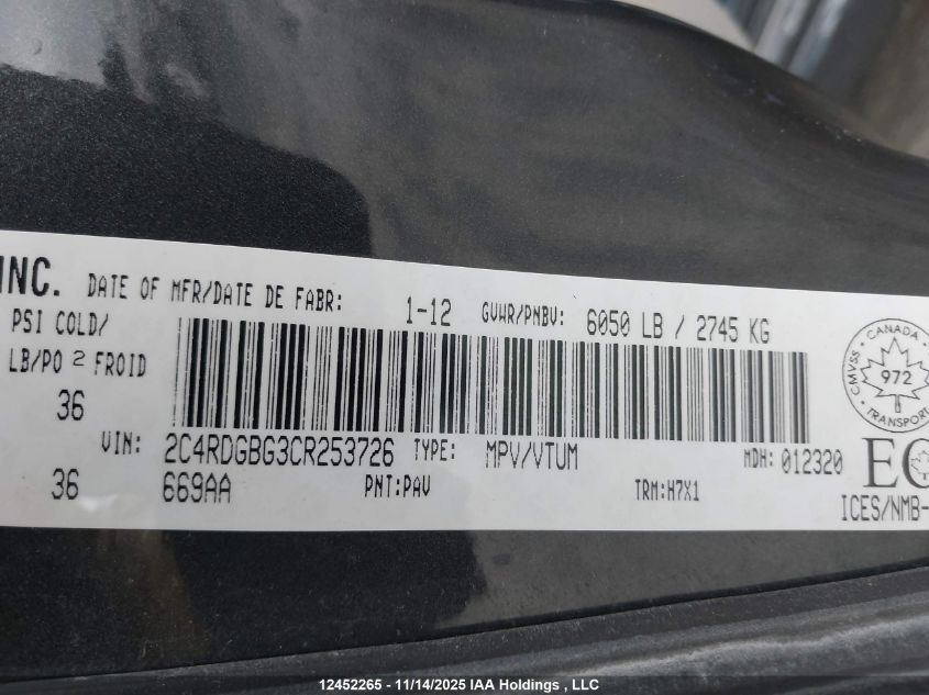 2012 Dodge Grand Caravan Se VIN: 2C4RDGBG3CR253726 Lot: 12452265