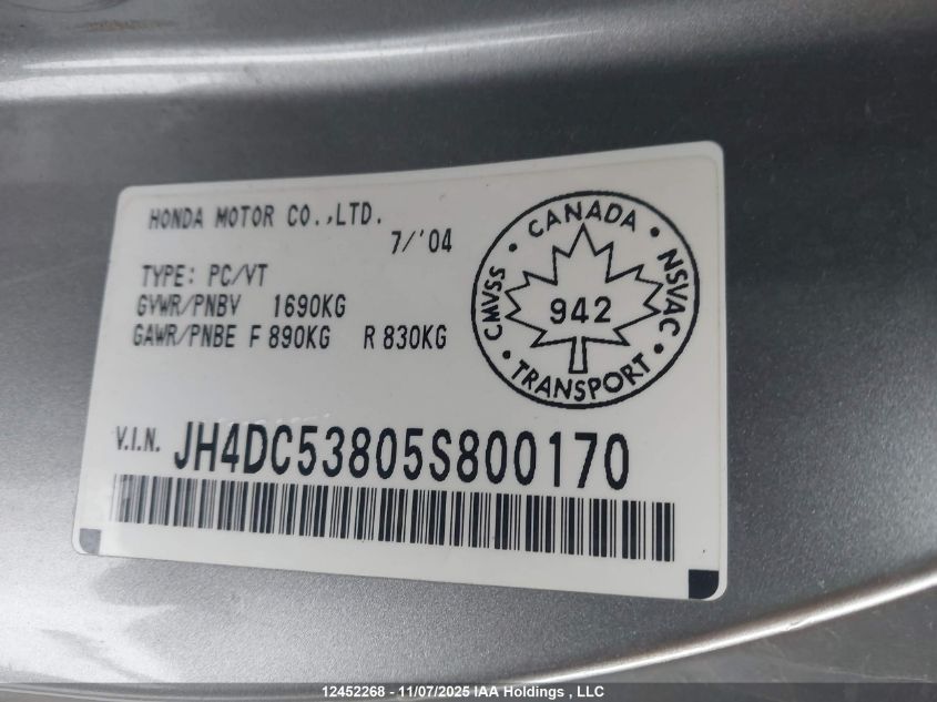 2005 Acura Rsx VIN: JH4DC53805S800170 Lot: 12452268