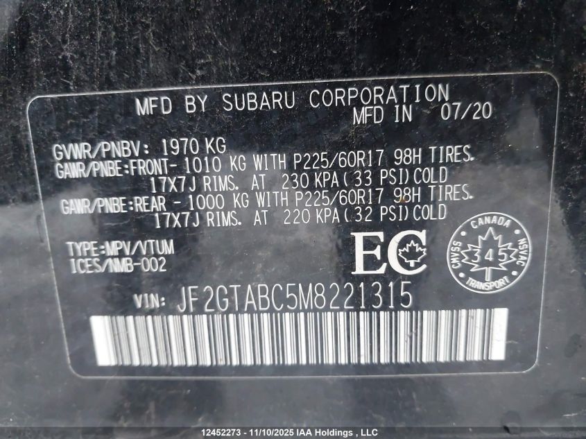 2021 Subaru Crosstrek VIN: JF2GTABC5M8221315 Lot: 12452273