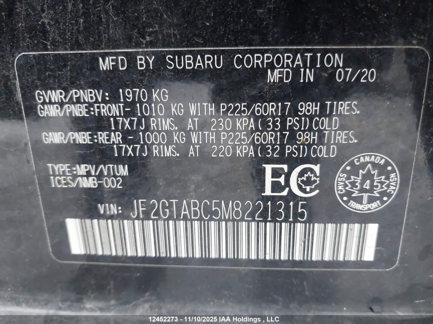 2021 Subaru Crosstrek VIN: JF2GTABC5M8221315 Lot: 12452273