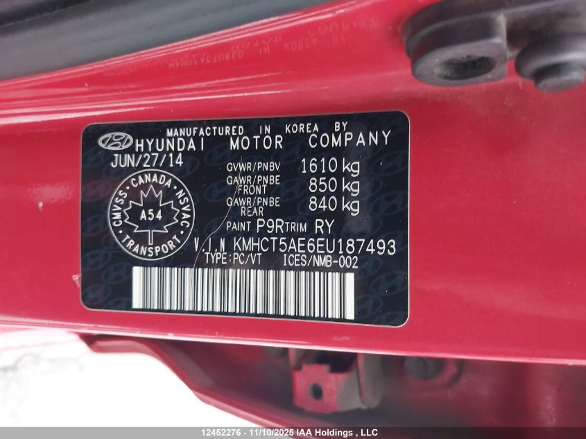 2014 Hyundai Accent Gl VIN: KMHCT5AE6EU187493 Lot: 12452276