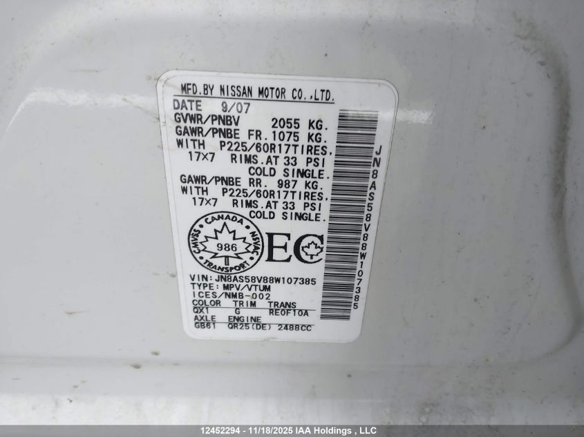 2008 Nissan Rogue VIN: JN8AS58V88W107385 Lot: 12452294