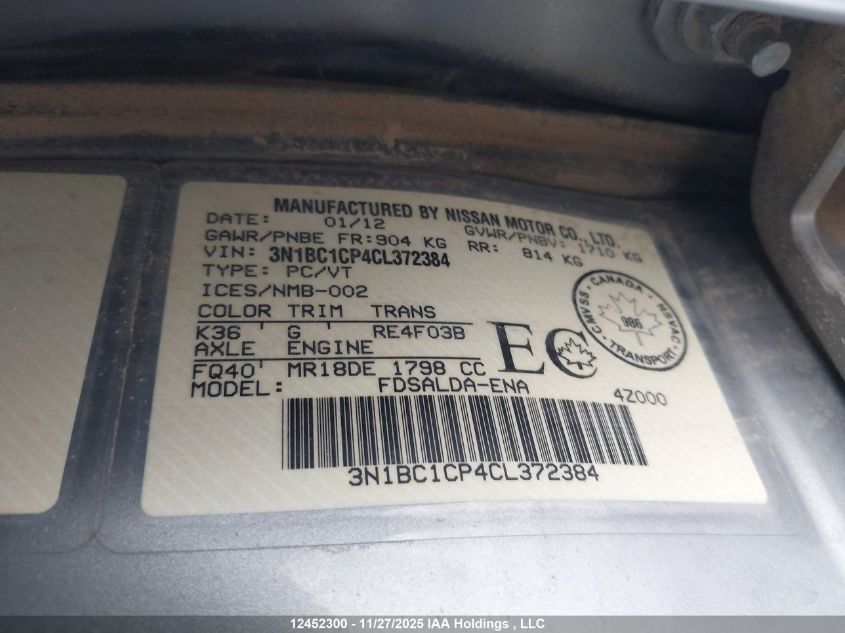 2012 Nissan Versa 1.8 S VIN: 3N1BC1CP4CL372384 Lot: 12452300