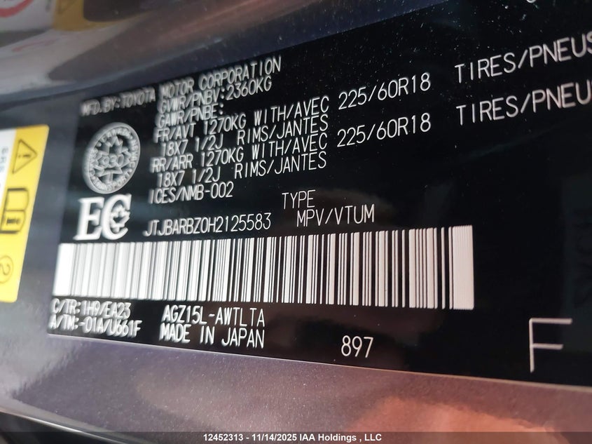 2017 Lexus Nx 200T/Base/F Sport VIN: JTJBARBZ0H2125583 Lot: 12452313