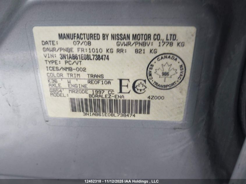 2008 Nissan Sentra VIN: 3N1AB61E08L738474 Lot: 12452318