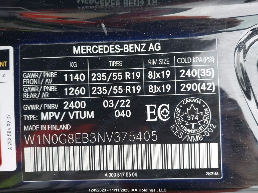 2022 Mercedes-Benz Glc 300 4Matic VIN: W1N0G8EB3NV375405 Lot: 12452323