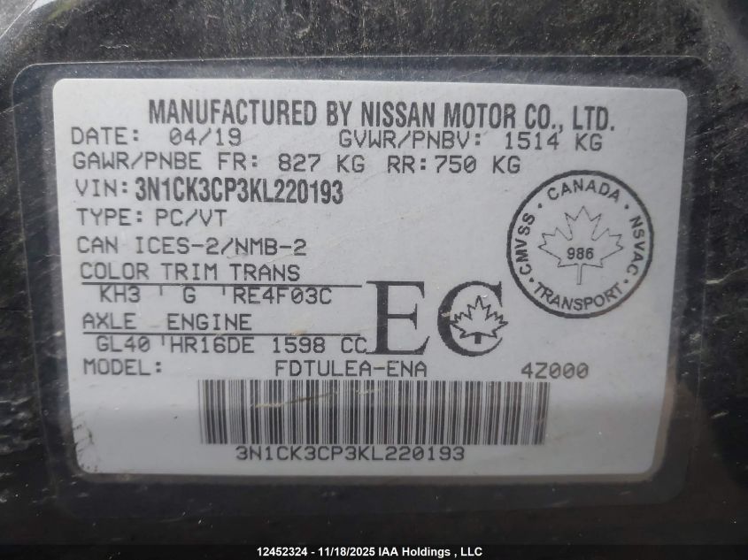 2019 Nissan Micra S/Sr/Sv VIN: 3N1CK3CP3KL220193 Lot: 12452324