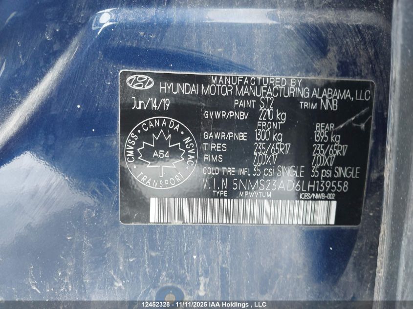 2020 Hyundai Santa Fe Se VIN: 5NMS23AD6LH139558 Lot: 12452328