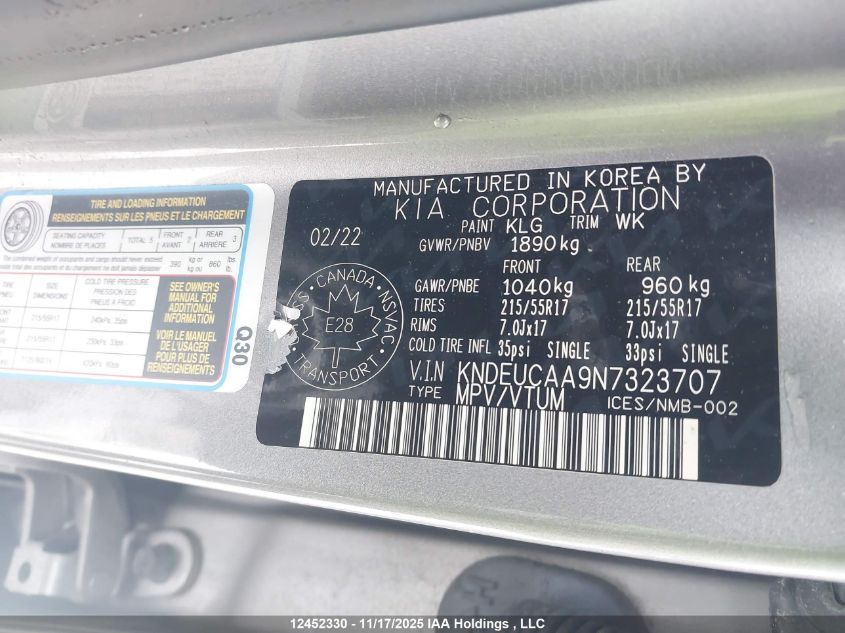 2022 Kia Seltos S VIN: KNDEUCAA9N7323707 Lot: 12452330