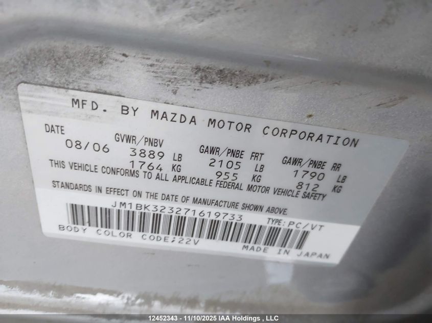 2007 Mazda Mazda3 Gt VIN: JM1BK323271619733 Lot: 12452343