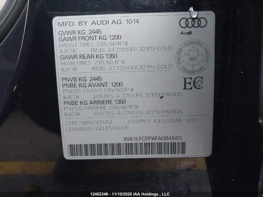 2015 Audi Q5 2.0T Progressiv VIN: WA1LFCFPXFA064593 Lot: 12452346