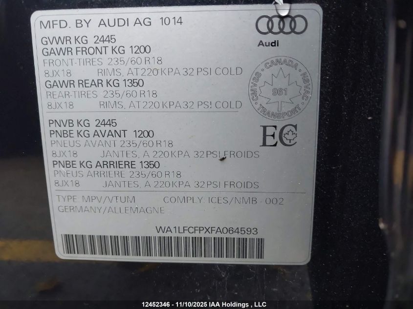 2015 Audi Q5 2.0T Progressiv VIN: WA1LFCFPXFA064593 Lot: 12452346