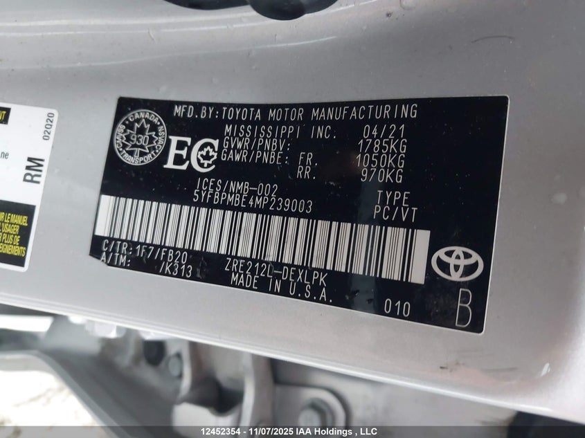 5YFBPMBE4MP239003 2021 TOYOTA COROLLA photo no. 9