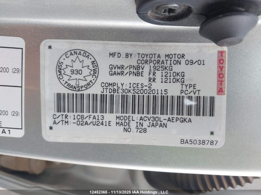 2002 Toyota Camry Le/Xle VIN: JTDBE30K520020115 Lot: 12452365