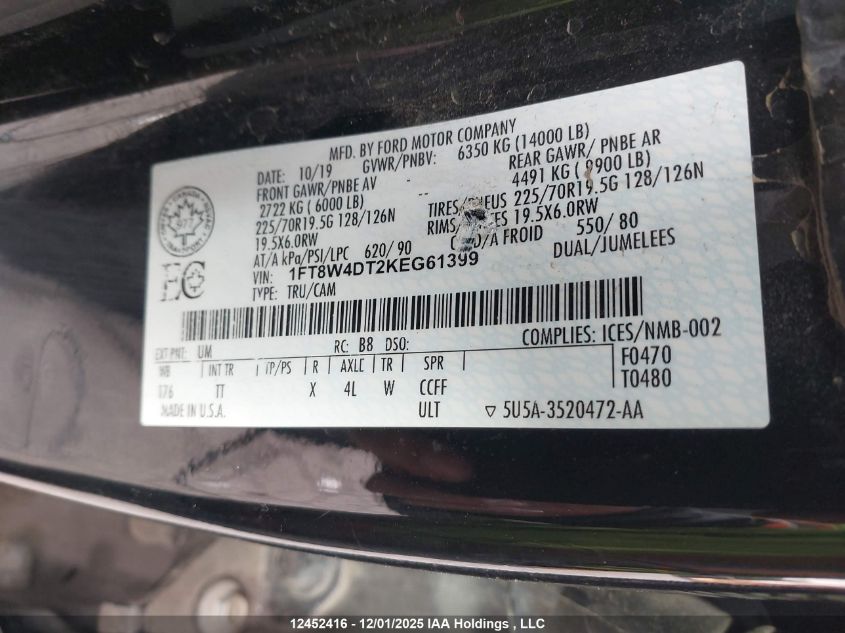 2019 Ford F450 Super Duty VIN: 1FT8W4DT2KEG61399 Lot: 12452416