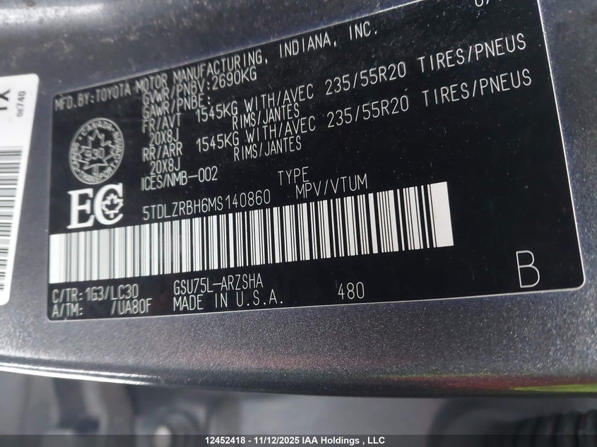 5TDLZRBH6MS140860 2021 TOYOTA HIGHLANDER photo no. 18