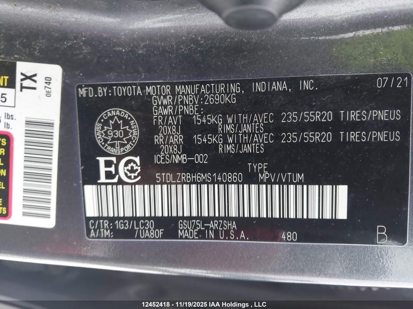 5TDLZRBH6MS140860 2021 TOYOTA HIGHLANDER photo no. 9