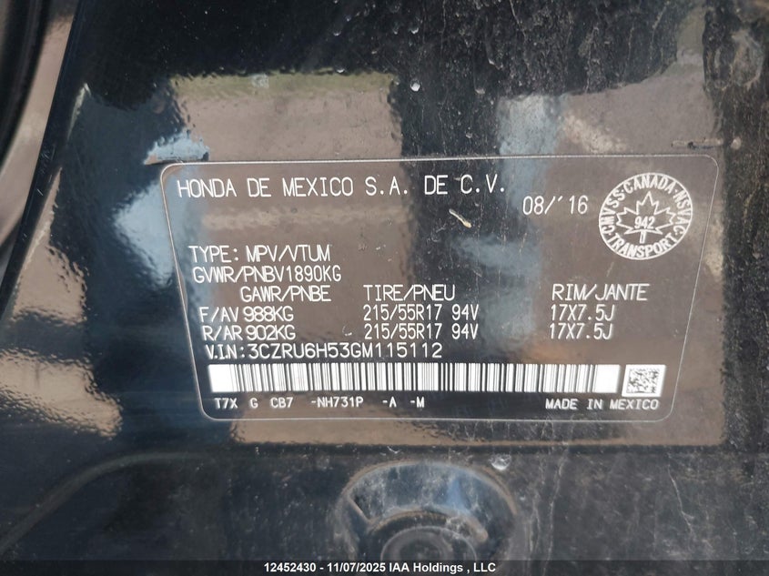 3CZRU6H53GM115112 2016 HONDA HR-V photo no. 18