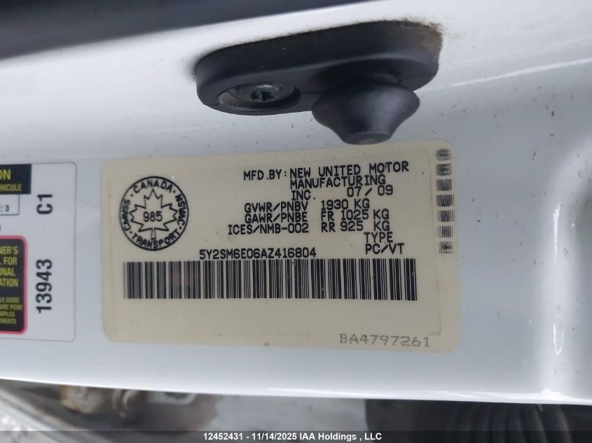 2010 Pontiac Vibe VIN: 5Y2SM6E06AZ416804 Lot: 12452431