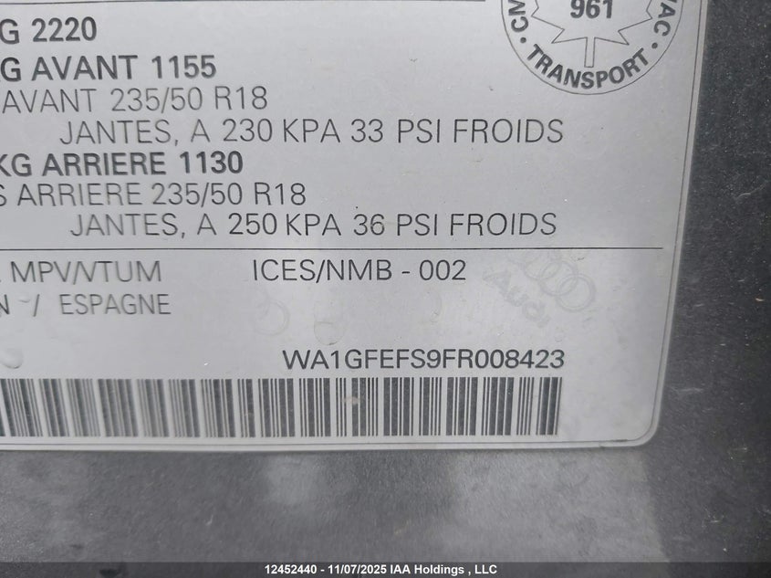 WA1GFEFS9FR008423 2015 AUDI Q3 photo no. 9