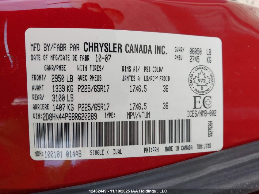 2008 Dodge Grand Caravan Sxt VIN: 2D8HN44P68R620289 Lot: 12452449