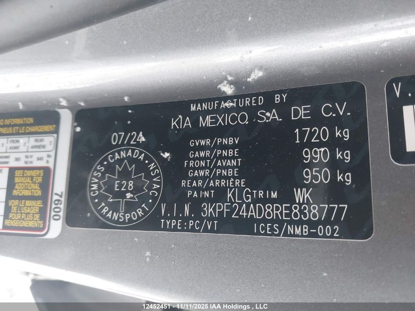 2024 Kia Forte Ex/Ex Premium/Ex+/Lx VIN: 3KPF24AD8RE838777 Lot: 12452451