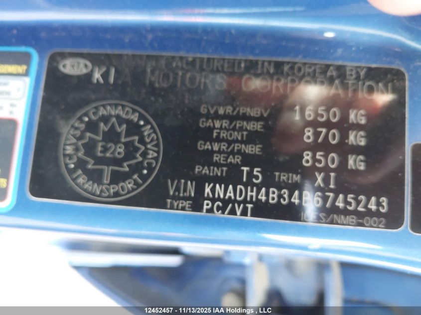 2011 Kia Rio Lx/Sx VIN: KNADH4B34B6745243 Lot: 12452457