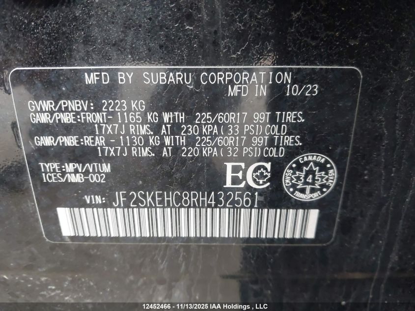 2024 Subaru Forester Sport/Wilderness VIN: JF2SKEHC8RH432561 Lot: 12452466