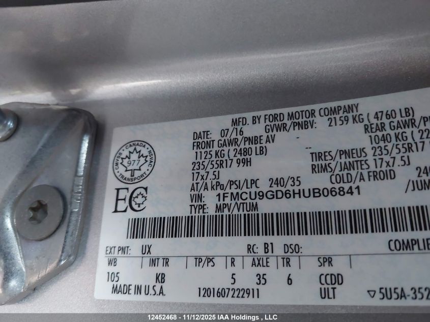 2017 Ford Escape Se VIN: 1FMCU9GD6HUB06841 Lot: 12452468