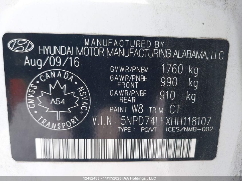 2017 Hyundai Elantra Se VIN: 5NPD74LFXHH118107 Lot: 12452483
