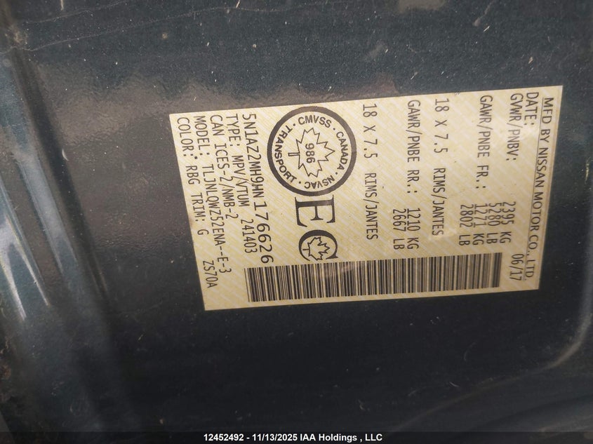 5N1AZ2MH9HN176626 2017 NISSAN MURANO photo no. 9