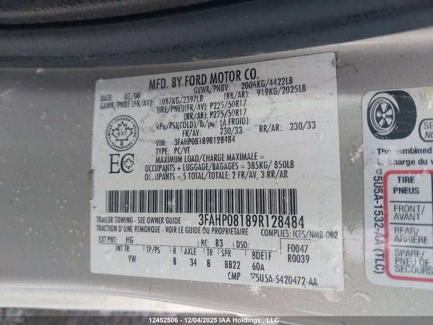 3FAHP08189R128484 2009 FORD FUSION photo no. 9