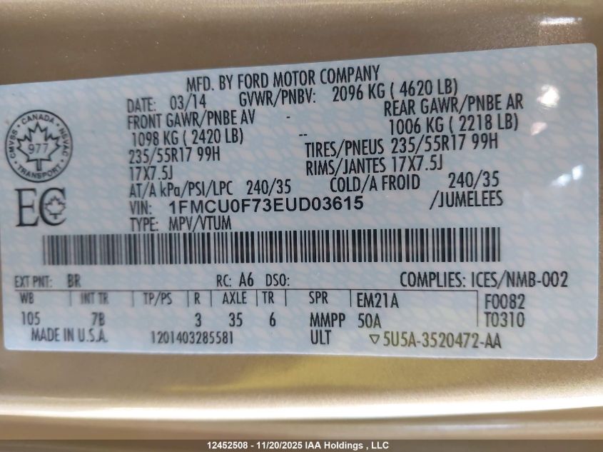 2014 Ford Escape S VIN: 1FMCU0F73EUD03615 Lot: 12452508