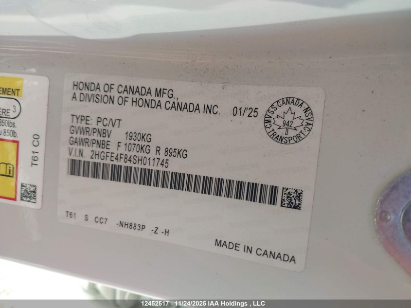 2025 Honda Civic Hybrid Sport/Sport Touring VIN: 2HGFE4F84SH011745 Lot: 12452517