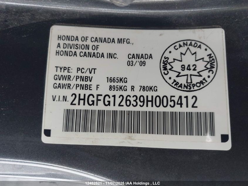 2009 Honda Civic Lx VIN: 2HGFG12639H005412 Lot: 12452521