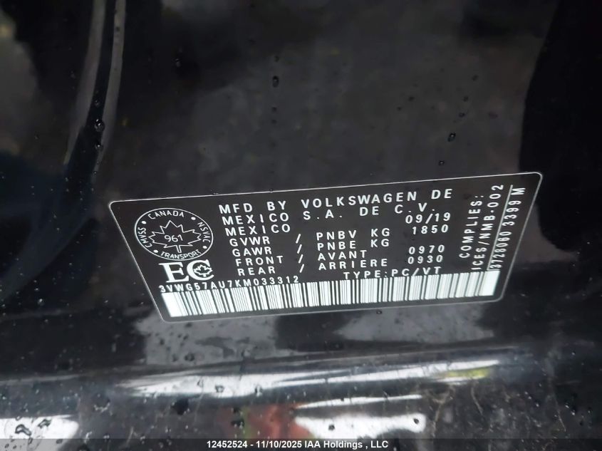 2019 Volkswagen Golf S/Se VIN: 3VWG57AU7KM033312 Lot: 12452524