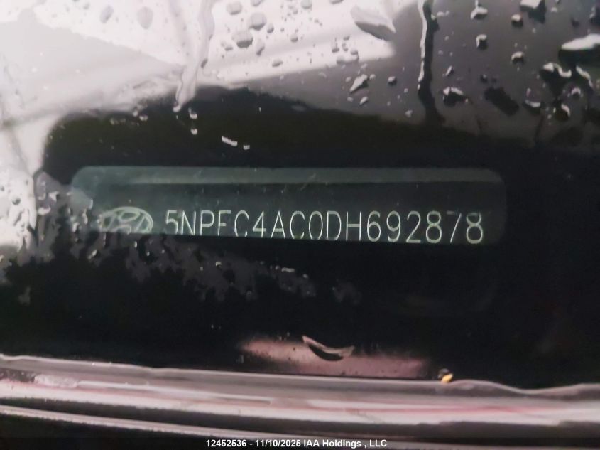 2013 Hyundai Sonata Se VIN: 5NPEC4AC0DH692878 Lot: 12452536