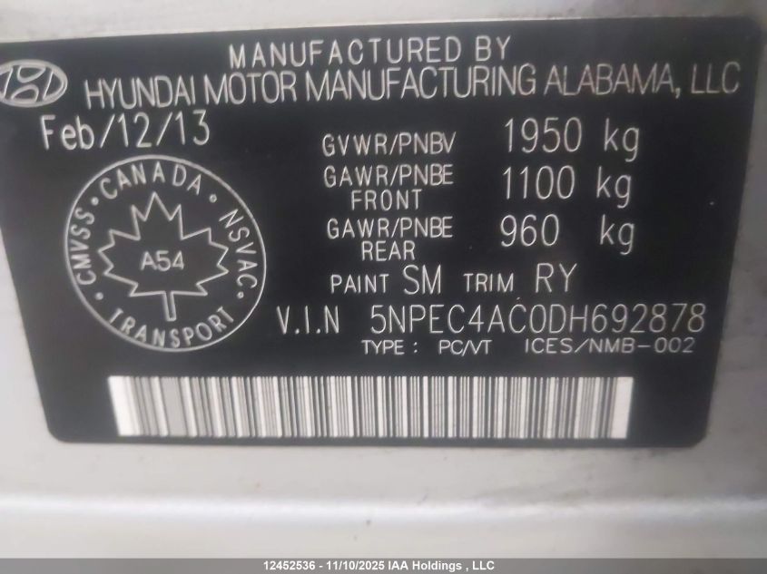 2013 Hyundai Sonata Se VIN: 5NPEC4AC0DH692878 Lot: 12452536
