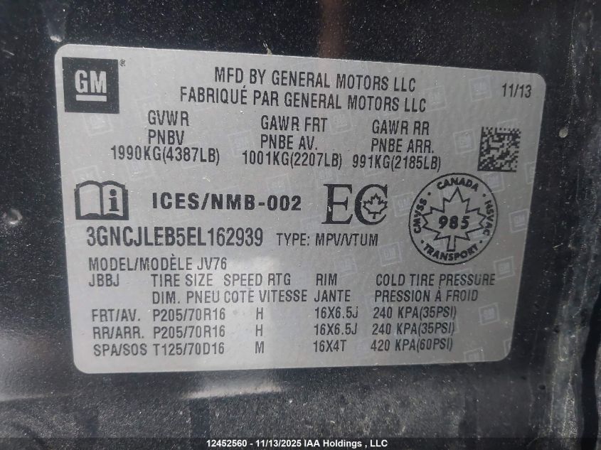 2014 Chevrolet Trax VIN: 3GNCJLEB5EL162939 Lot: 12452560