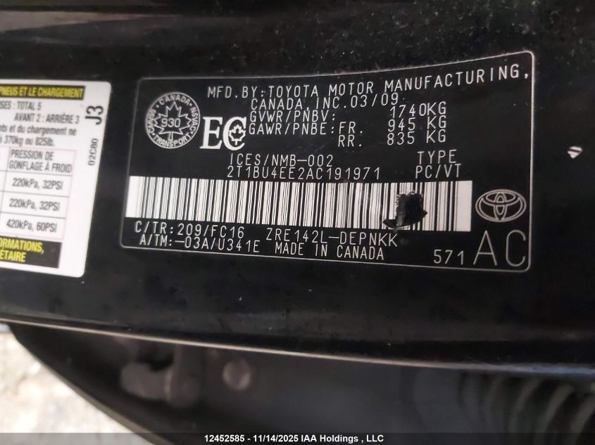 2010 Toyota Corolla Le VIN: 2T1BU4EE2AC191971 Lot: 12452585