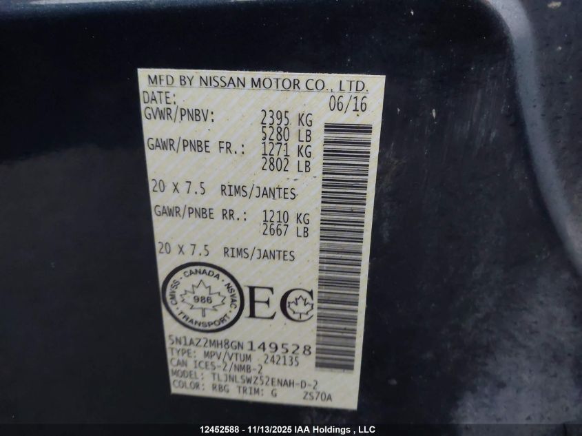 2016 Nissan Murano S/Sl/Sv/Platinum VIN: 5N1AZ2MH8GN149528 Lot: 12452588