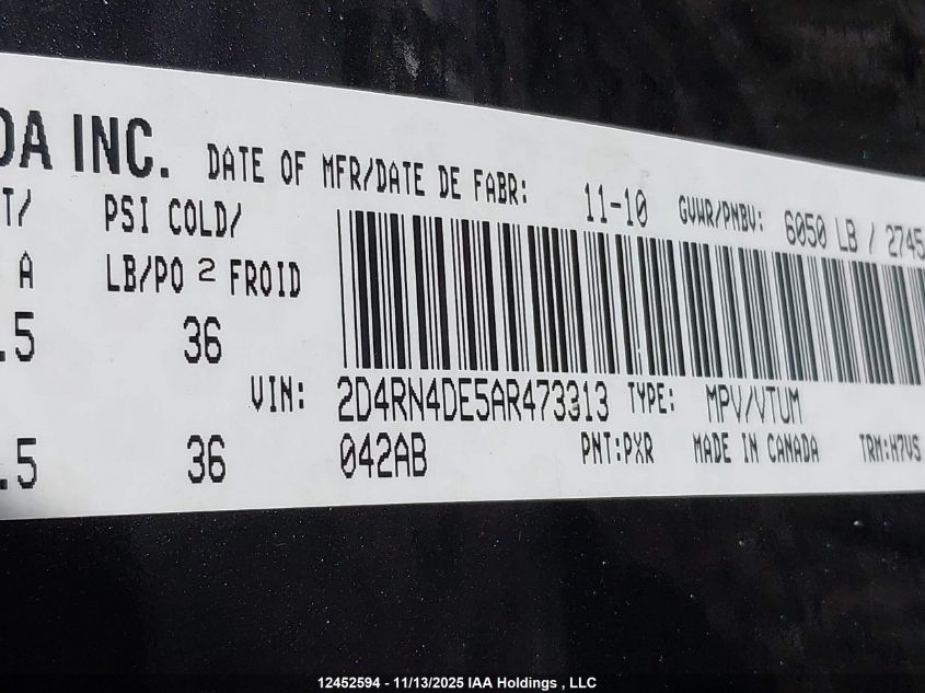 2010 Dodge Grand Caravan Se VIN: 2D4RN4DE5AR473313 Lot: 12452594