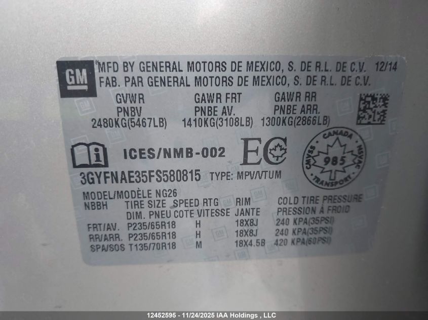 2015 Cadillac Srx VIN: 3GYFNAE35FS580815 Lot: 12452595