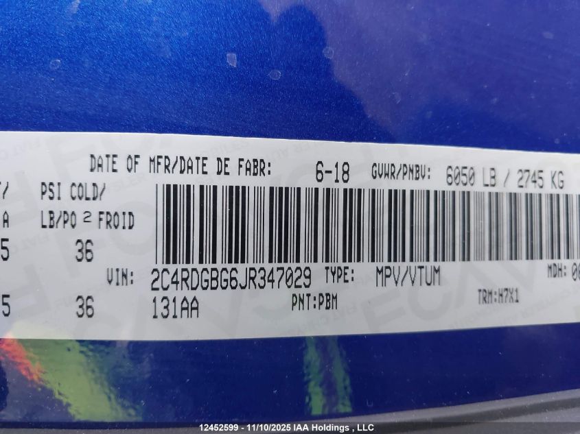 2018 Dodge Grand Caravan Cvp/Sxt VIN: 2C4RDGBG6JR347029 Lot: 12452599