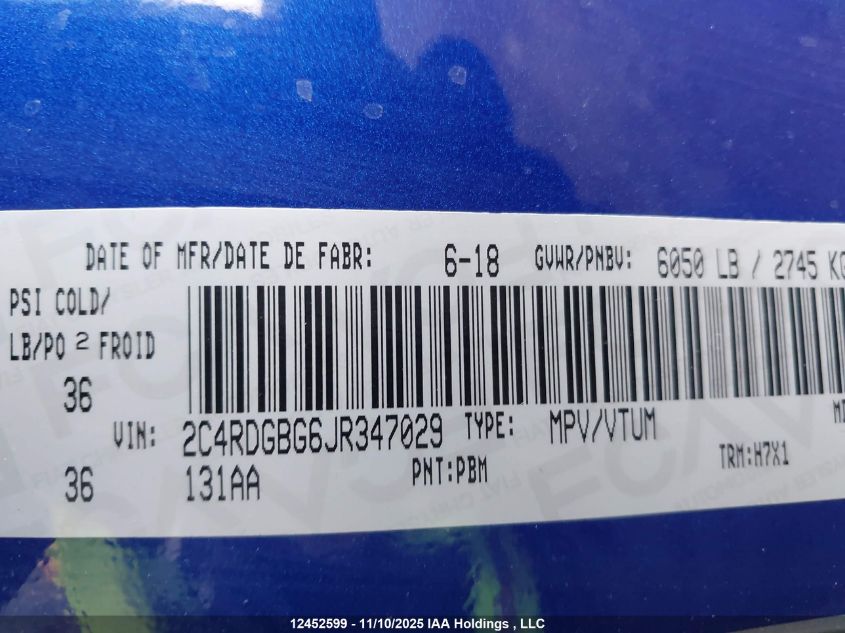 2018 Dodge Grand Caravan Cvp/Sxt VIN: 2C4RDGBG6JR347029 Lot: 12452599