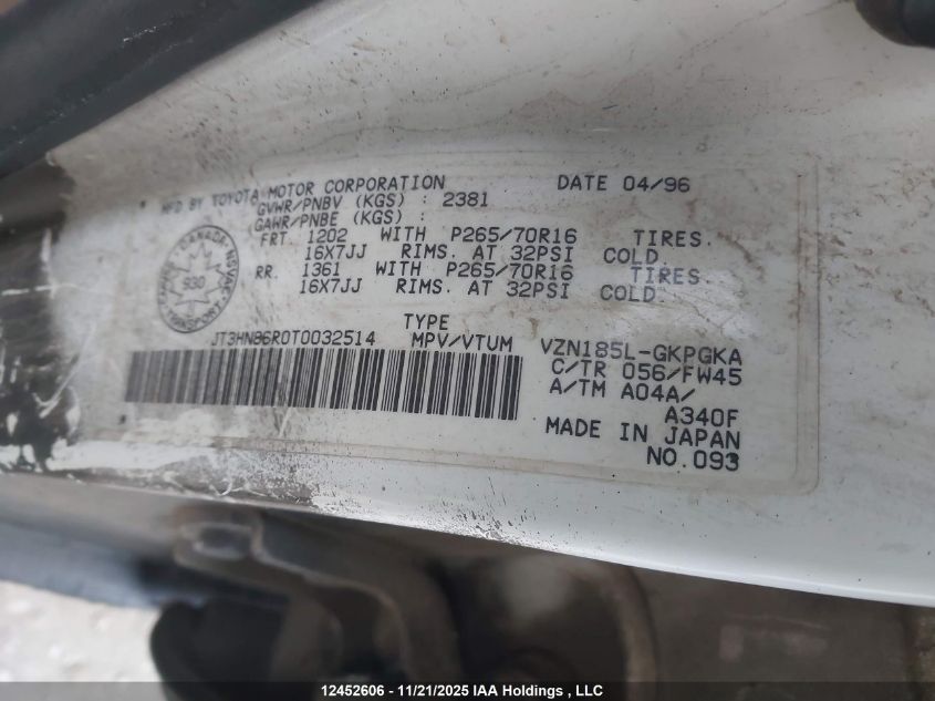 1996 Toyota 4Runner Sr5 VIN: JT3HN86R0T0032514 Lot: 12452606