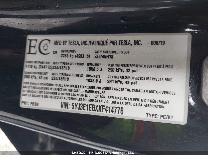 5YJ3E1EBXKF414776 2019 TESLA MODEL 3 photo no. 9