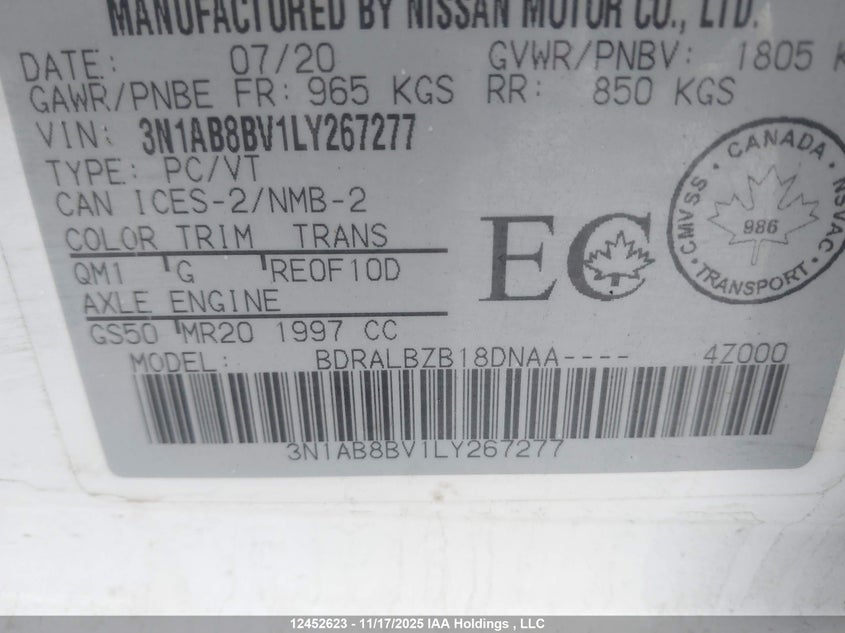 3N1AB8BV1LY267277 2020 NISSAN SENTRA photo no. 9
