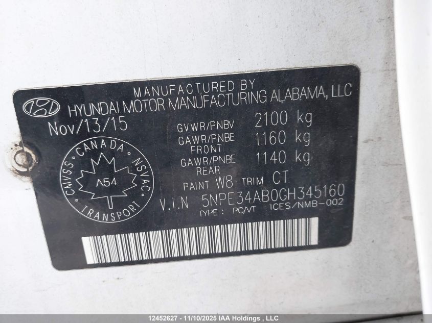 2016 Hyundai Sonata Sport/Limited VIN: 5NPE34AB0GH345160 Lot: 12452627