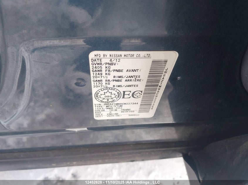JN8AZ1MW8CW227344 2012 NISSAN MURANO photo no. 9
